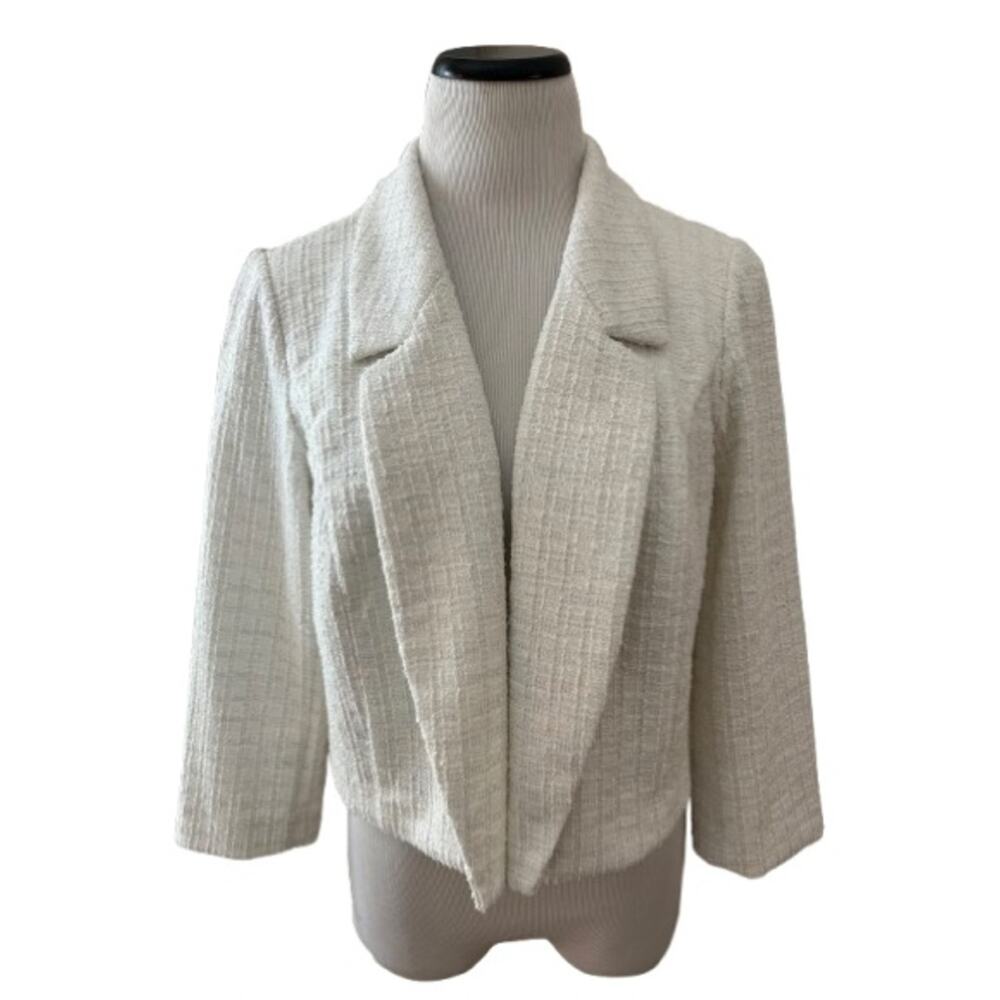 Shelby & Palmer Womens Tweed 3/4 Sleeve Open Front Cropped Blazer White Size L